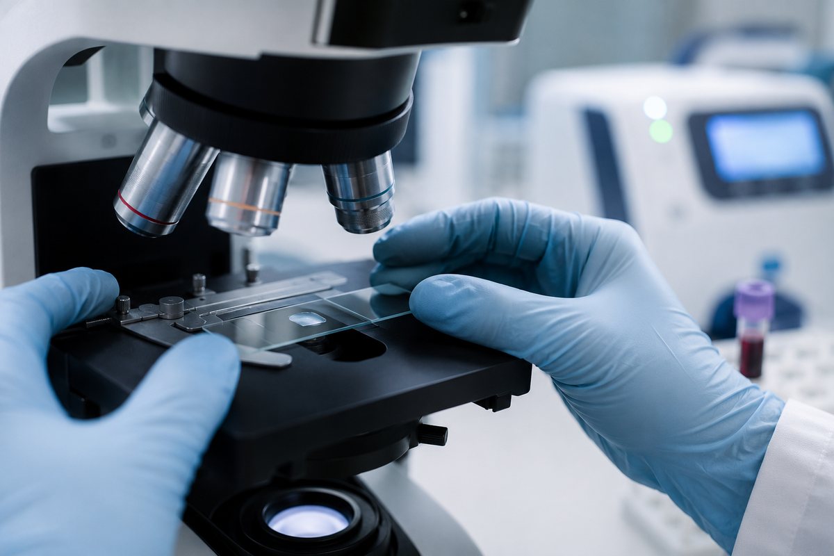 A skin sample examined under a microscope in the in-house laboratory