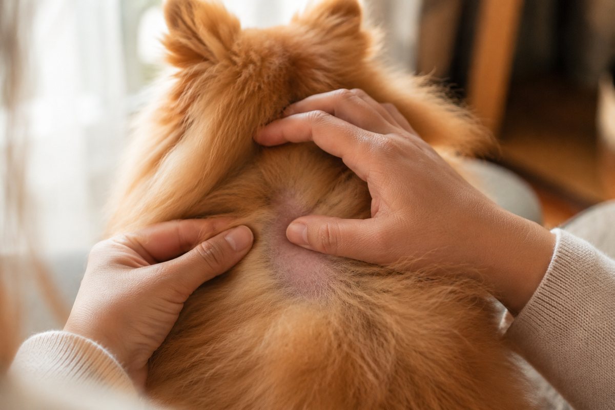 An owner parting their Pomeranian's fur to reveal a patch of thinning coat and bare skin